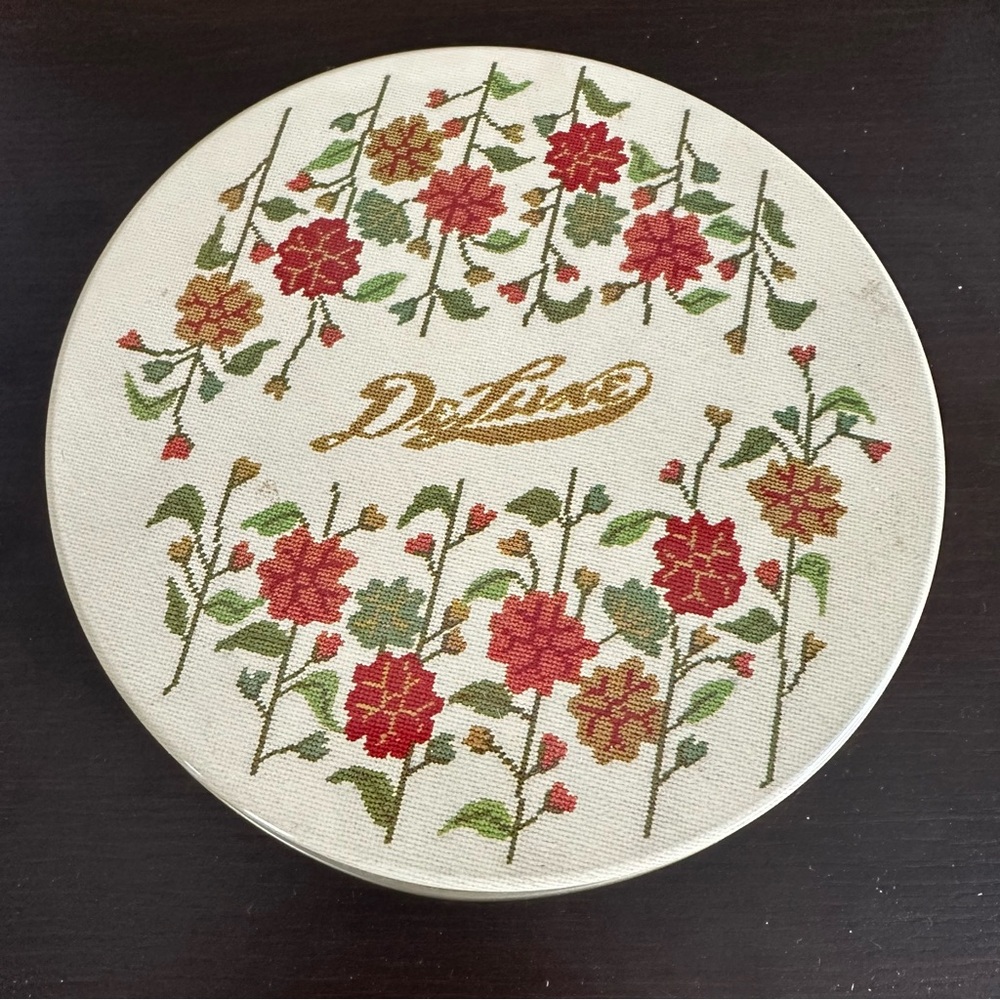 Collin Street Bakery Tin cross stitch flowers vintage Fruit Cake Metal Tin